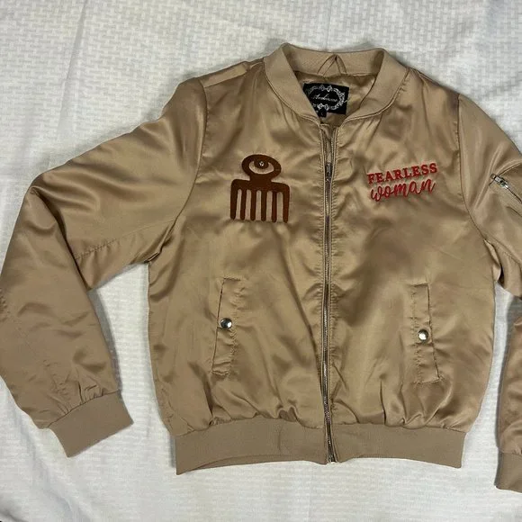 Upcycled Satin Puff Embroidered Bomber Jacket "Fearless Woman" M/L - Picture 1 of 8